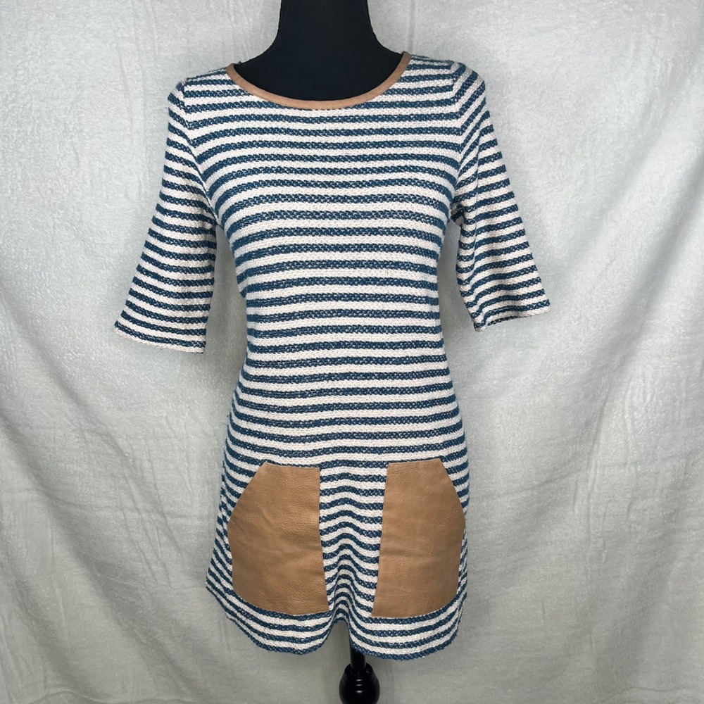 Anthropologie Postmark Striped Mini Dress‎ Faux Leather Pockets Size XS
